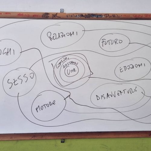Orientamento scolastico e personale, III annualità, IIS Volta. Restituzione del “giro sgamo”: gli studenti hanno individuato i macroargomenti riguardanti il tema del “sabato sera”.
